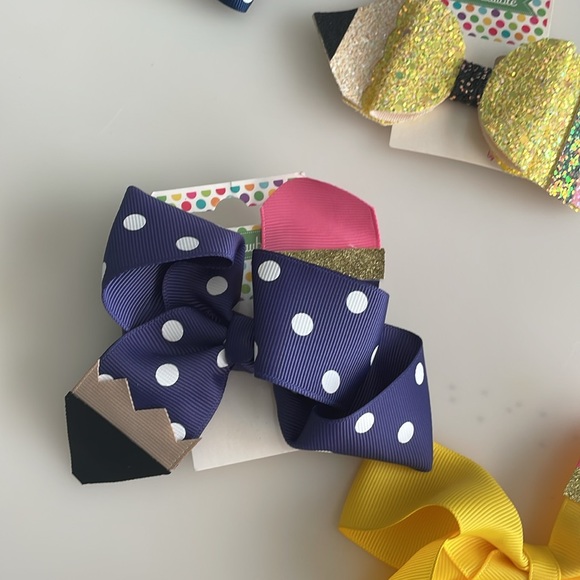 Back to School Pencil Girl Hair Bow Clip and Ponytail Set of 2 - Picture 4 of 5